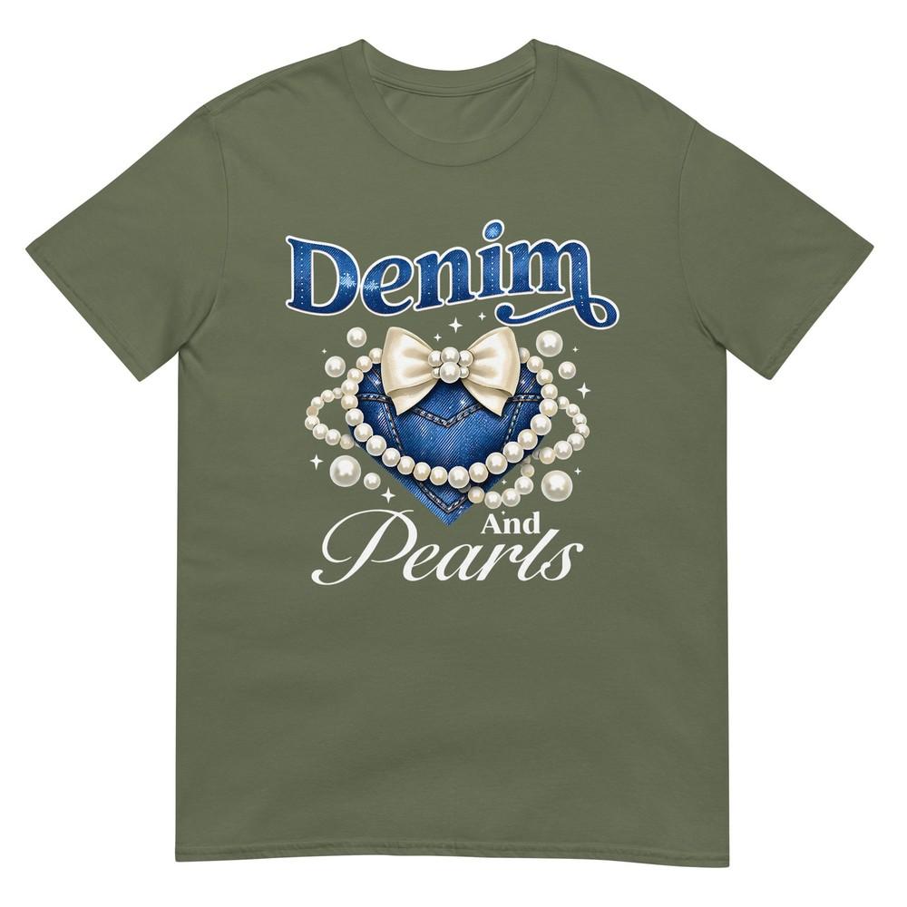 Pearls And Denim Outfit Bow Denim Pearls Ladies Girls Unisex Tshirt
