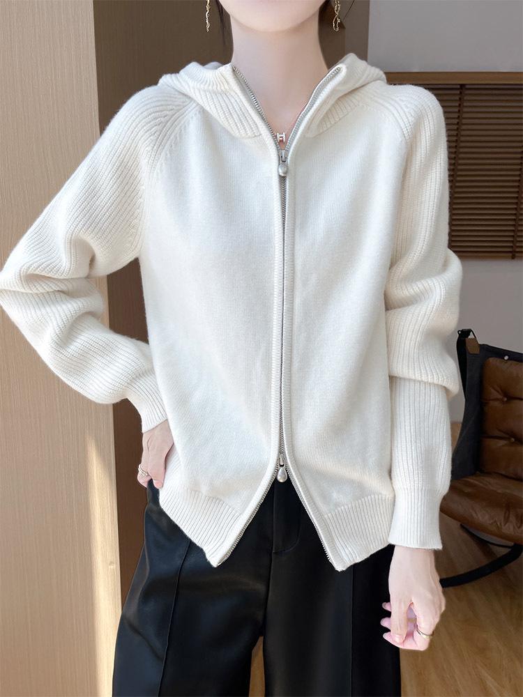 Women's 100% Wool Double Zipper Hooded Knit Cardigan with Raglan Sleeves