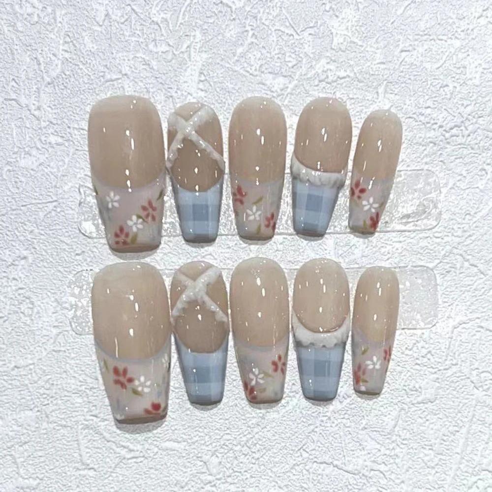 10Pcs Handmade Cat Eye Gradient Long Coffin Stiletto Press On Nails With Glitter Diamond Pearl Flower Bowknot Decorations