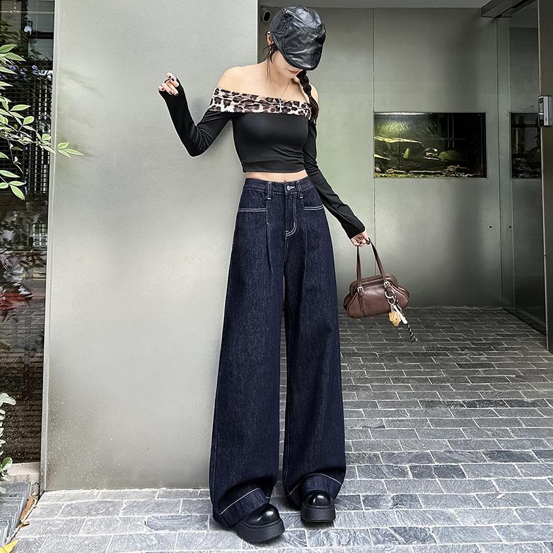 Blue High Waist Wide-leg Jeans for Women In Spring and Autumn New Loose Slim Hottie Retro Straight-leg Floor Pants
