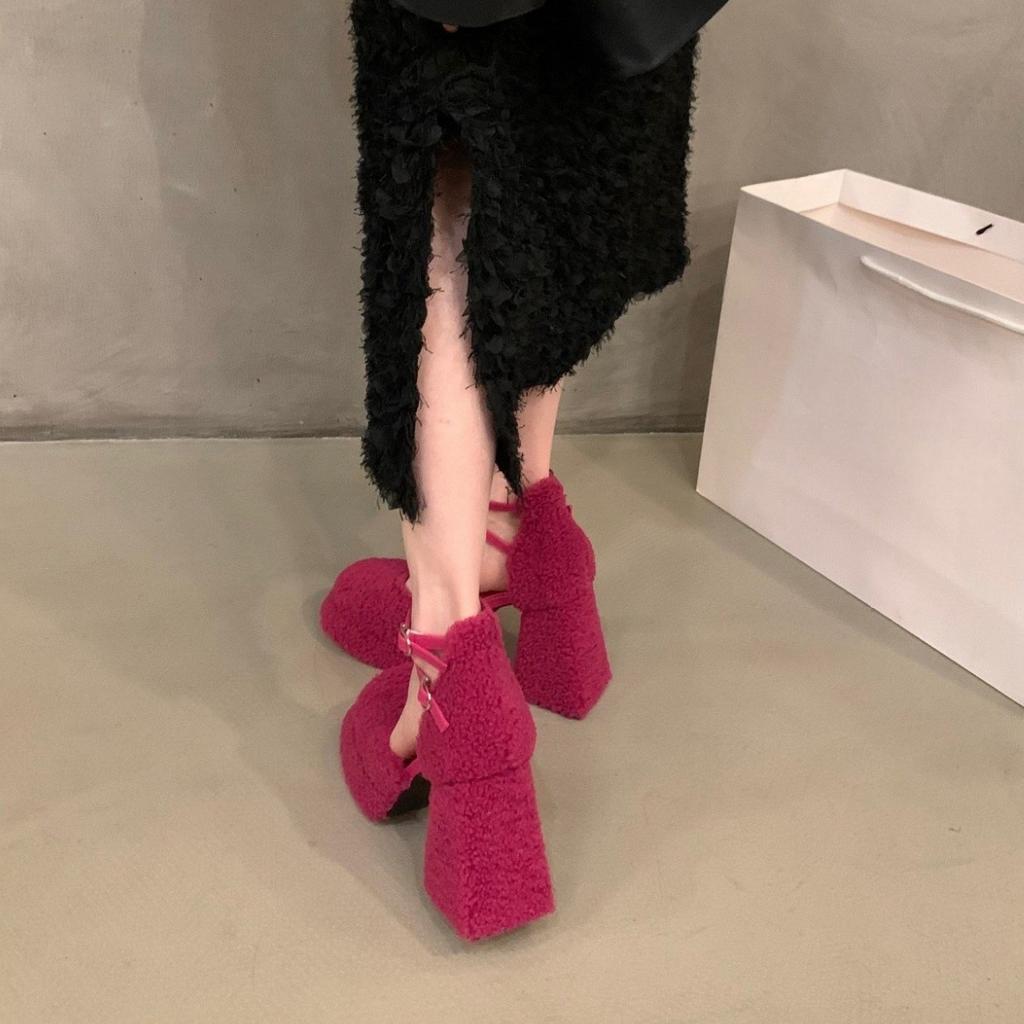 Super High Heel Hot Girl Style Mary Jane Single Shoes Women's Shoes 2024 New Spring, Autumn and Winter Small Thick Heel Fluffy Shoes