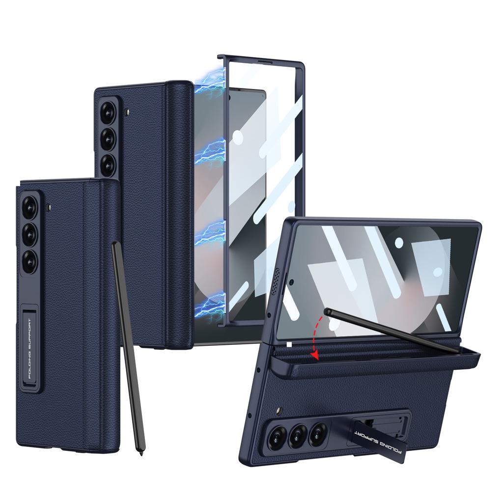 Чехол для мобильного телефона Samsung Fold6 Полностью закрывающий Противоударный Магнитная адсорбция Шарнир Складной Вращающийся вал Однотонный Кожаный Чехол-книжка с держателем для ручки Пленка-накладка