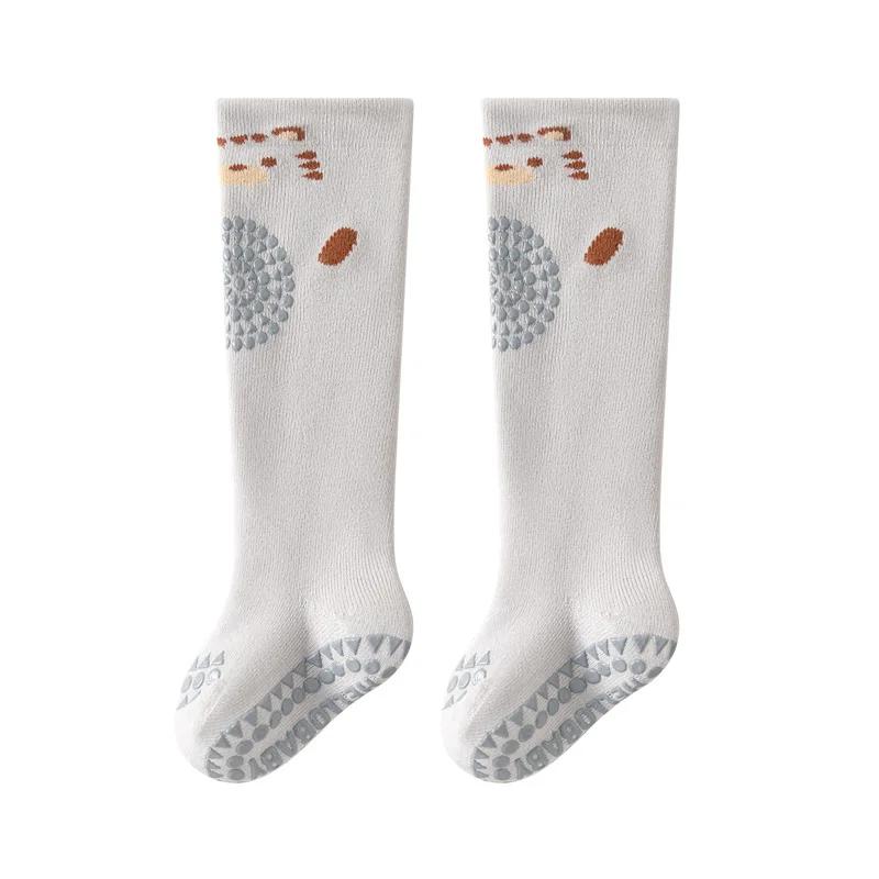 Мультяшные носки до середины икры с изображением животных, противоскользящие носки для малышей, зимние утолщенные теплые гольфы выше икры