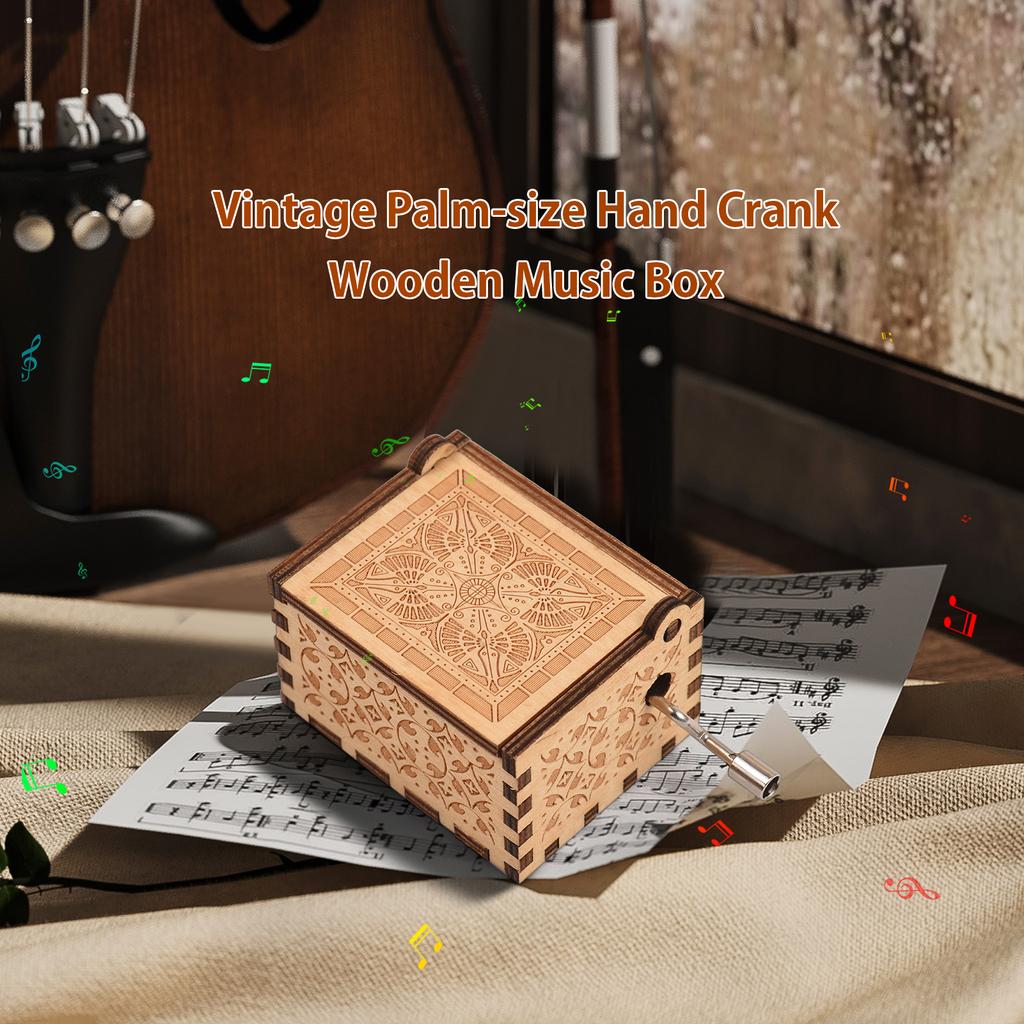 Винтажная деревянная музыкальная шкатулка размером с ладонь, с ручкой, деревянный корпус, музыкальная шкатулка, красивый резной деревянный музыкальный гаджет с мелодией