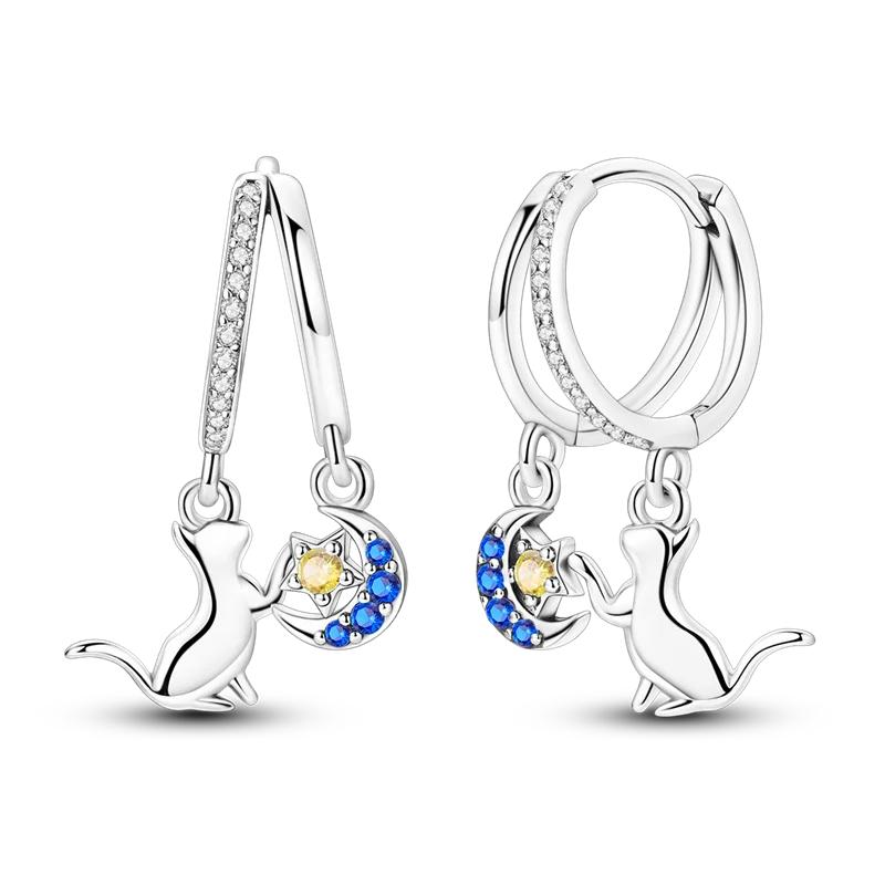Серебро 925 пробы Элегантные Милые Кошачьи Ушки Животные Ушные Украшения Вечерние Свадебные Украшения Серьги-кольца с Цирконами для Женщин