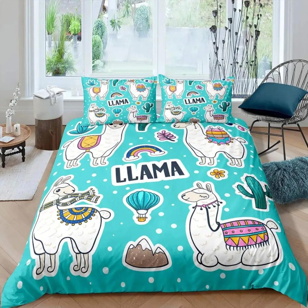 Cute Cartoon Alpaca Llama Cactus Print Duvet Cover Set Full Size, Alpaca Bedding Set Botanical Animal Comforter Cover,Multicolor