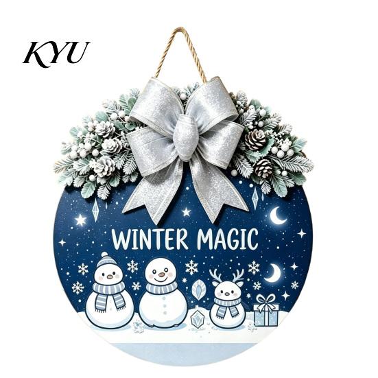 Gift for Christmas Wooden Welcome Sign Front Door, Round Hanging Ornament with Festive Home Decoration Artificial Pine Branches & Bow Decor
