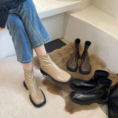 Эластичные британские ботинки Мартина Женские 2025 Осень и Зима Новые ботинки челси Маленькие ботинки-нюд Узкие ботинки Флисовые короткие ботинки