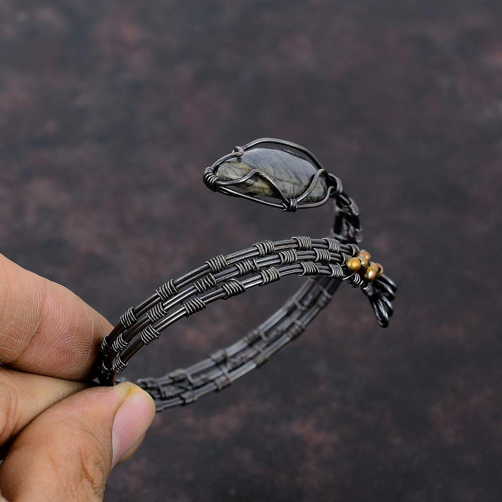 Браслет-манжета из яшмы Пикассо, медная проволока, браслет с драгоценными камнями, регулируемая манжета, браслет ручной работы, медная проволока, ювелирные изделия, подарок на годовщину