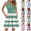 Женское летнее модное повседневное платье-жилет без рукавов с V-образным вырезом, плиссировкой, строчкой, полосатым принтом и карманом