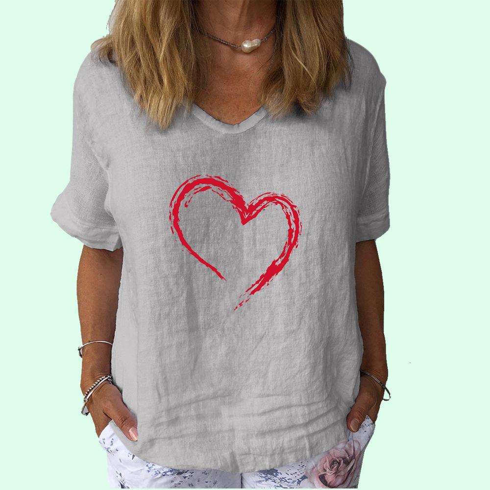Женская модная хлопковая льняная футболка, повседневная футболка с V-образным вырезом и коротким рукавом, женская футболка с принтом