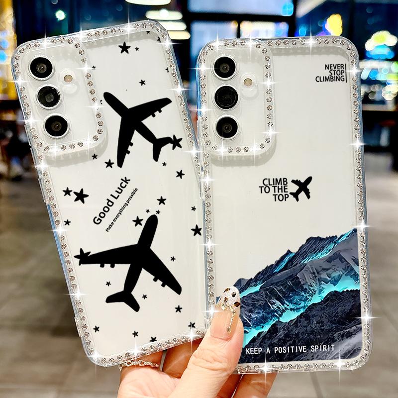 Airplane Snow Mountain Diamond Case For Samsung Galaxy A56 A55 A54 A36 A15 A16 A25 5G S25 Edge S24 Ultra S23 FE TPU Phone Cover