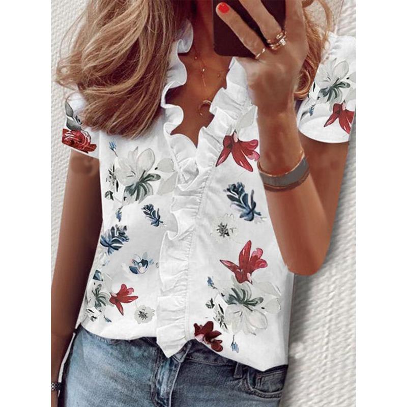 YYFS Women's Fashion Casual Summer Spring Solid Color Print Short Sleeve V-Neck Blouses & Shirts