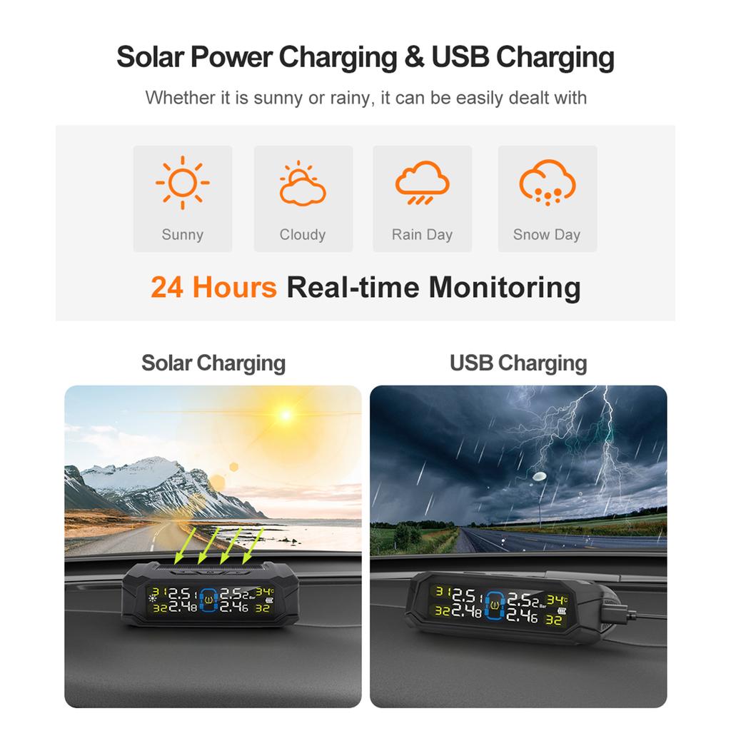 Wireless Tire Pressure Monitor HD LCD Display Real Time Alert Solar Powered USB Charging Tire Pressure Monitoring System
