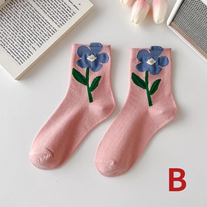 1 пара женских носков в японском корейском стиле с рисунком цветов ярких цветов Harajuku Kawaii носки средней длины дышащие повседневные короткие носки