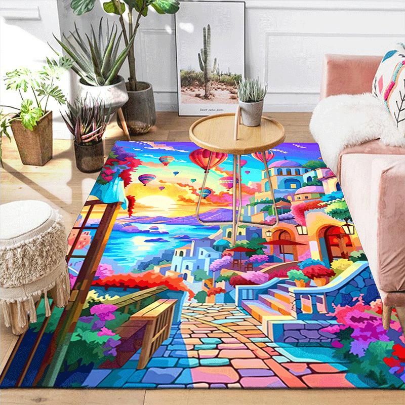 1pc Hot Air Balloon Town Print, Design Indoor Area Rug, Soft, Anti-Slip, and Durable Gaming Room Decor for Bedroom, Living Room, and Exercis
