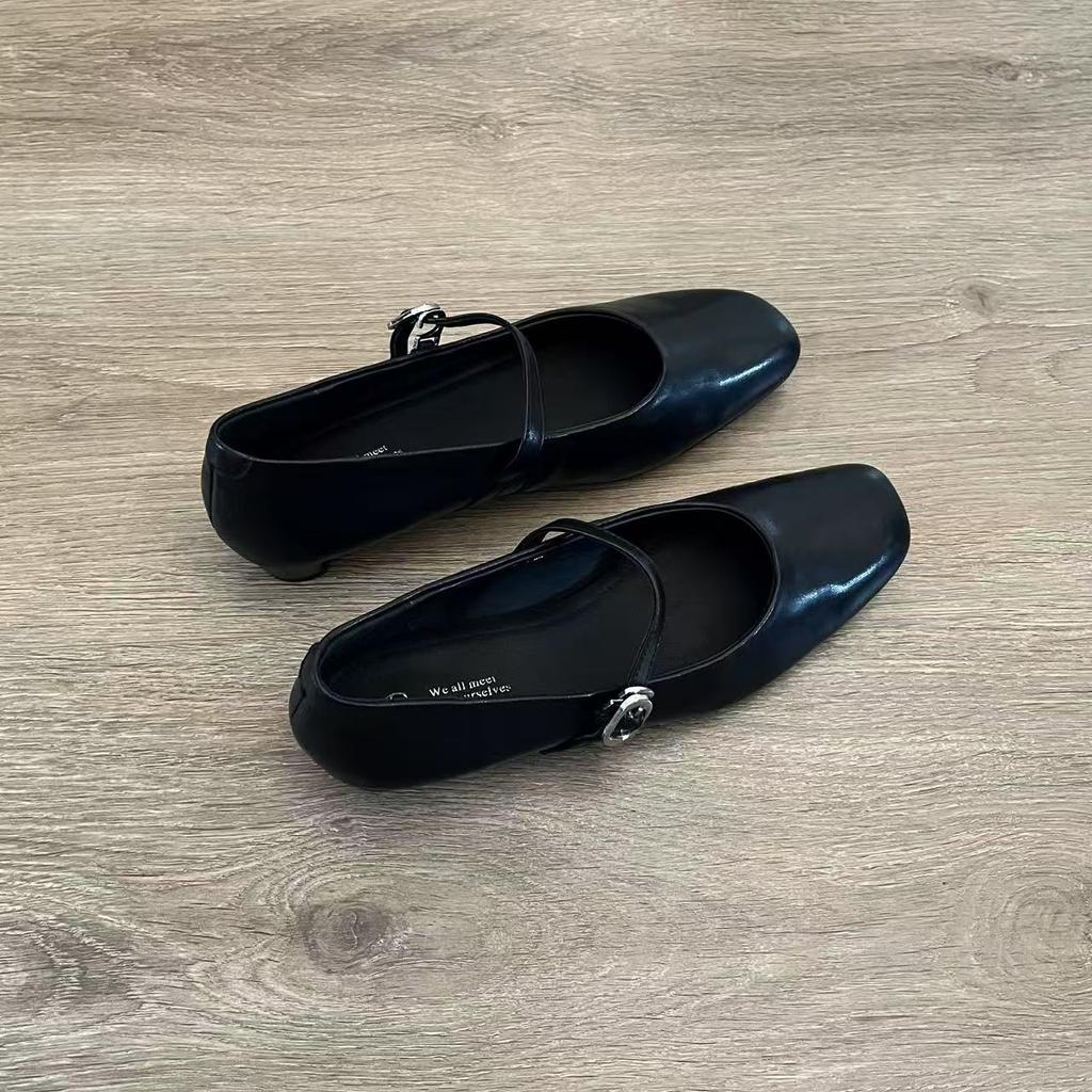 Sheepskin Version of Genuine Leather Mary Jane Shoes Women's French Retro One-pedal Shallow Mouth Square Head Flat Shoes One Word with Single Shoes