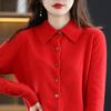 Женская шерстяная вязаная куртка-кардиган, свободный свитер с воротником-поло, однотонная трикотажная рубашка на пуговицах, пуловер, корейская осенне-зимняя футболка