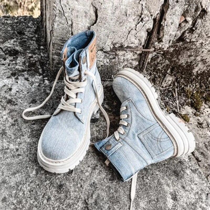 Женские ботильоны в стиле ретро, ​​обувь на толстой подошве со шнуровкой, женские короткие ботинки с круглым носком, джинсовые ботинки в стиле вестерн в деловом стиле