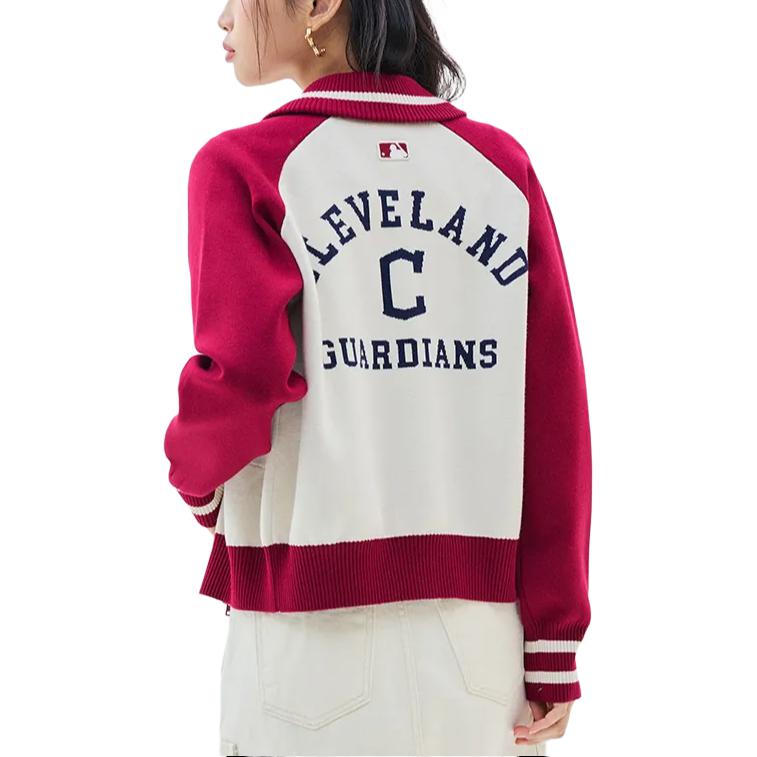 Спортивный кардиган MLB Cleveland Guardians Color Block с принтом букв, воротником-молнией, повседневный, с длинным рукавом, вязаный свитер, женский свитер 3FKCV0134-45WIS