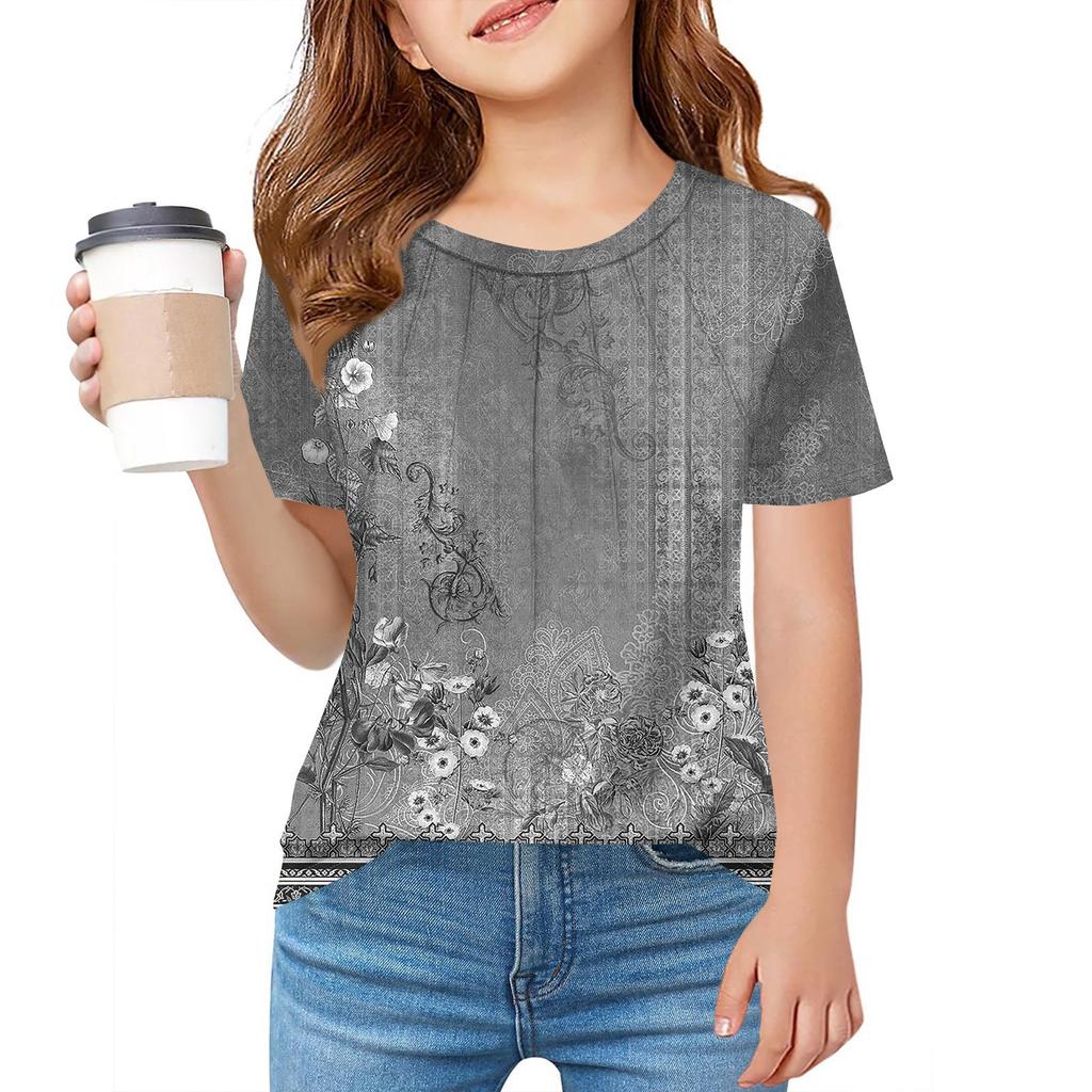 Детская футболка Fold A для девочек, летняя модная куртка с круглым воротником и цветочным принтом с короткими рукавами