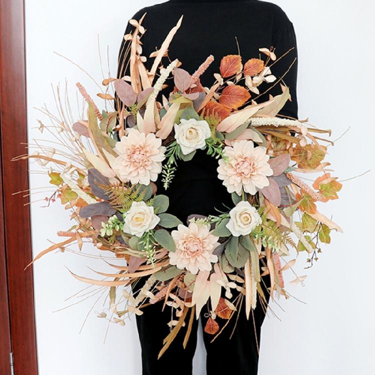 Cream Coffee Color Wreath for Front Door Handmade Artificial Floral Wreath with Bright Blooms and Foliages for Decors