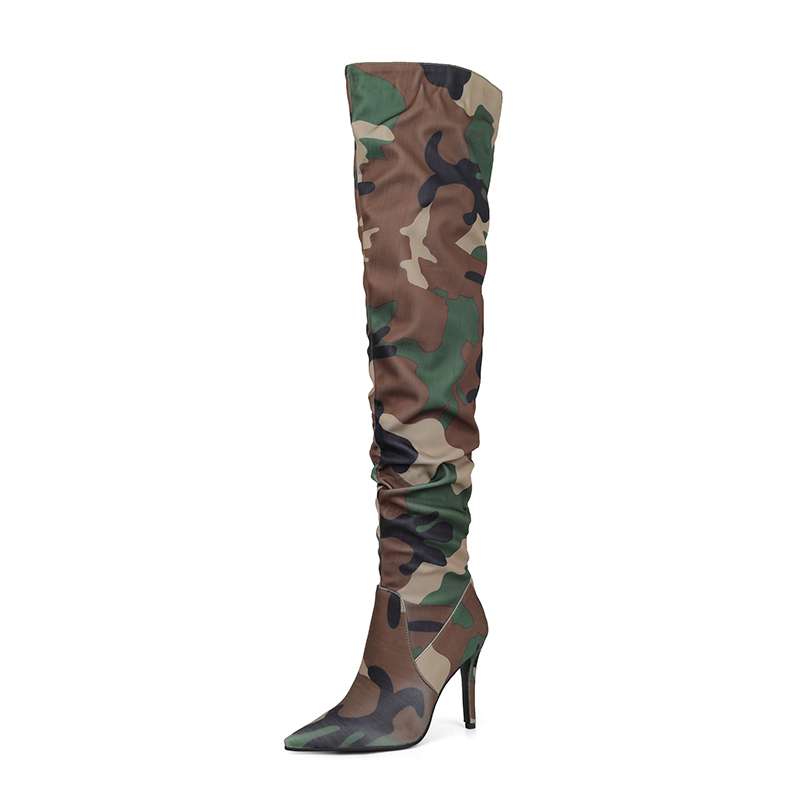 lenkisen Fabric Camouflage Pattern Autumn Winter Shoes Super Thin High Heels Pleated Boots European Keep Warm Over-the-knee Boots