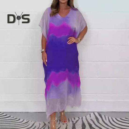 Женское шифоновое макси-платье с градиентным принтом и V-образным вырезом, с коротким рукавом, длинное платье, повседневный свободный пляжный сарафан для летнего отдыха
