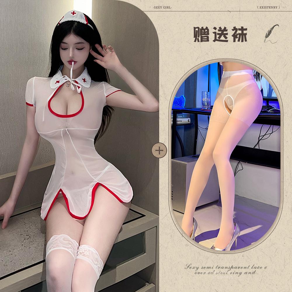 Sexy underwear, sexy nurse uniform, women's hot mesh, perspective temptation, hollow small chest uniform suit