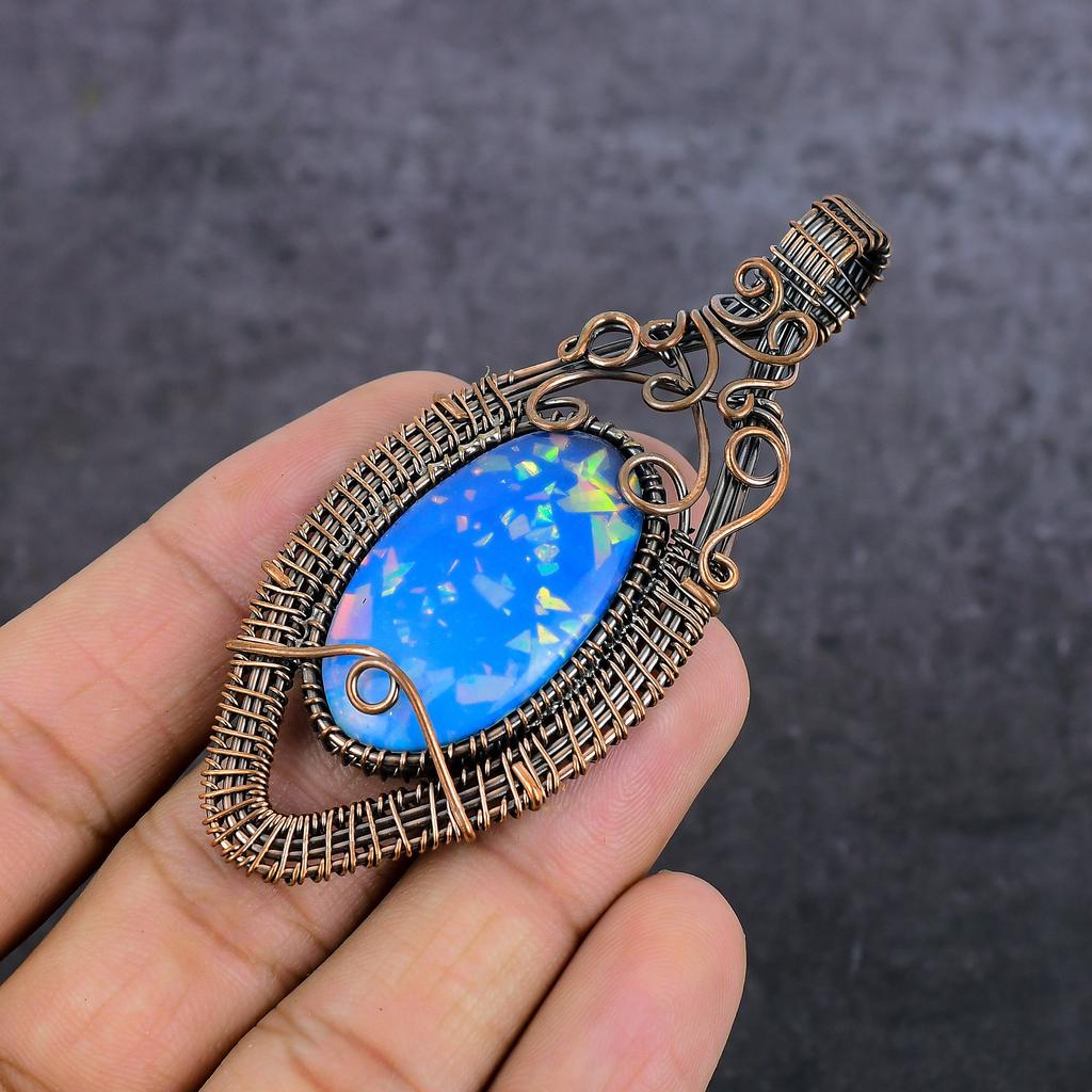Голубой Триплет Опал Драгоценный камень Ручная работа Медная проволока Оплетка Ювелирная подвеска 3,23" S1O68