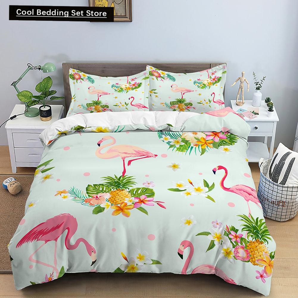 Пододеяльник с изображением животных фламинго King Queen, розовый, с тропическими птицами, комплект постельного белья для детей, подростков, взрослых, синий, мягкий, 2/3 шт., пододеяльник