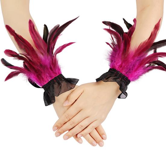 Women's Feather Wrist Cuffs Gothic Feather Fingerless Gloves Wristband Mesh Cuff for Halloween Cosplay Costume Accessories