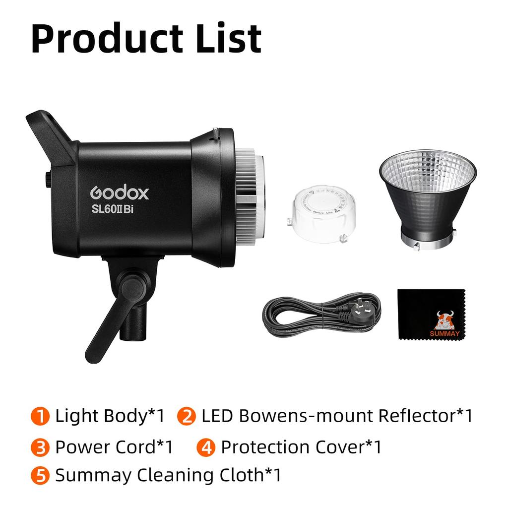 Godox SL60IIBi 75W LED Video Bowens Mount Dual Color Brightness App Подходит для освещения неподвижной видеосъемки, 25100 Люкс при 5600 К, температура, 0% -100%