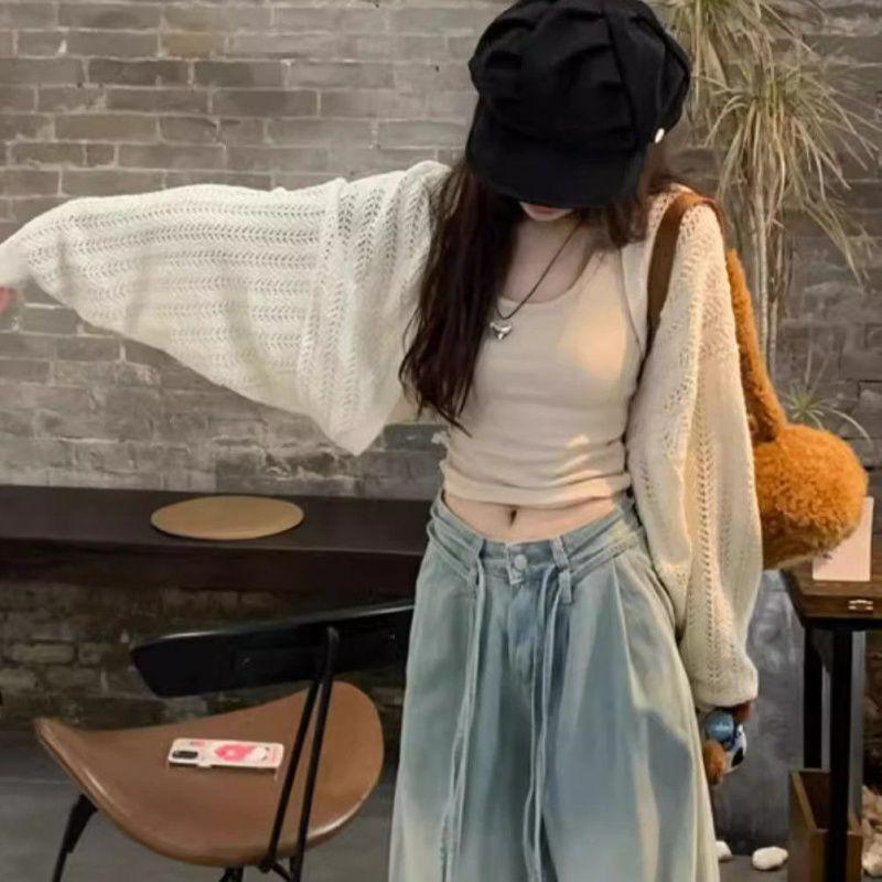Grey Thin Hollowed-out Sunscreen Knitted Cardigan Women's Summer Top High-end Outer with Solid Color Blouse Short Shawl