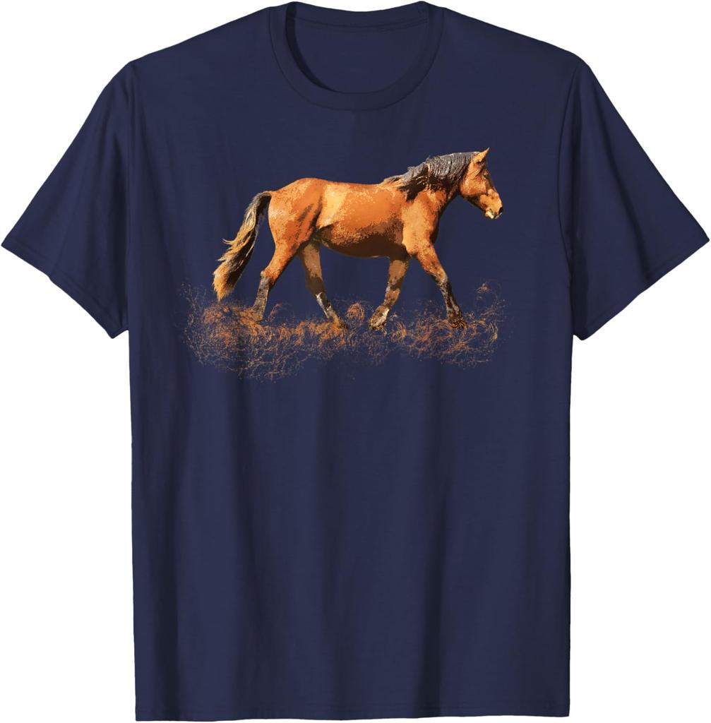 Earthy Brown Horse Silhouette Running Graphic T-Shirt Casual Cotton Short Sleeve Tee for Riders