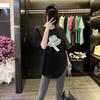 Butt Cover Top Loose Black Cotton Round Neck Short-sleeved T-shirt for Women In Summer Curved Hem Slit Medium Length