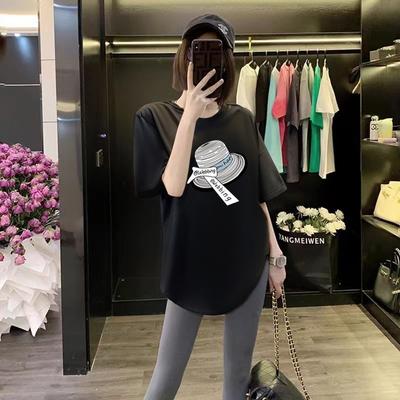 Футболка Butt Cover Top, свободная, черная, хлопковая, с круглым вырезом, короткими рукавами, для женщин, лето, изогнутый низ, разрез, средняя длина