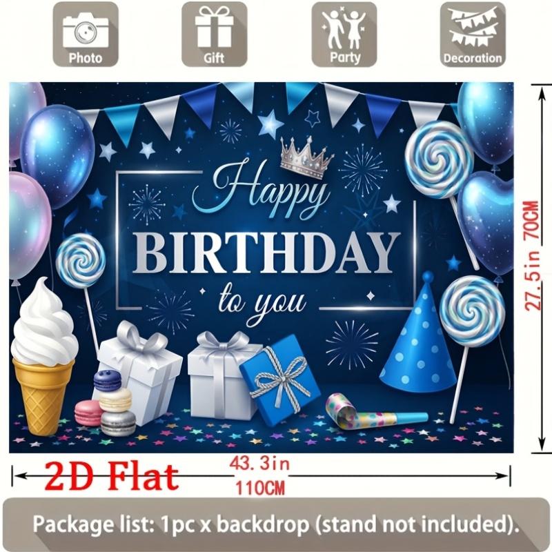 Elegant Navy-Blue Festive Backdrop with Sparkling Stars, Glossy Balloons, Striped Bunting, Lollipops, Ice Cream Cone, Gift Boxes, Party Hat