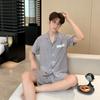 Мужской новый комплект пижамы-одежды для дома на весну и лето, короткий рукав, шорты, прохладный, парчовый хлопок, однотонный, в тонкую полоску, можно носить на улице