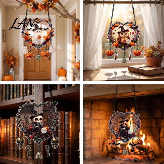 Festival Hanging Pieces Halloween Acrylic Love Heart Wreath Ornament, Cartoon Owl Ghost Witch Party Props Skeleton Decor, Festive Decoration