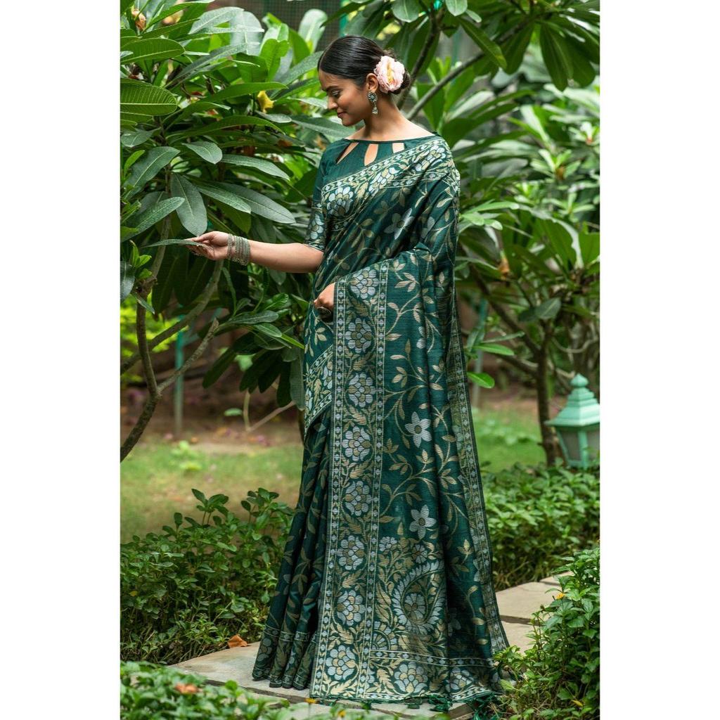 Мягкое льняное шелковое сари с красивой тканой каймой зари и зари-паллу с необычными кисточками и блузкой для бега.