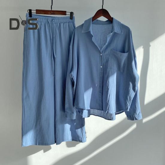 Женский комплект из двух предметов: рубашка с длинным рукавом и застегнутая на пуговицы рубашка с широкими брюками повседневный хлопковый домашний костюм на весну и лето