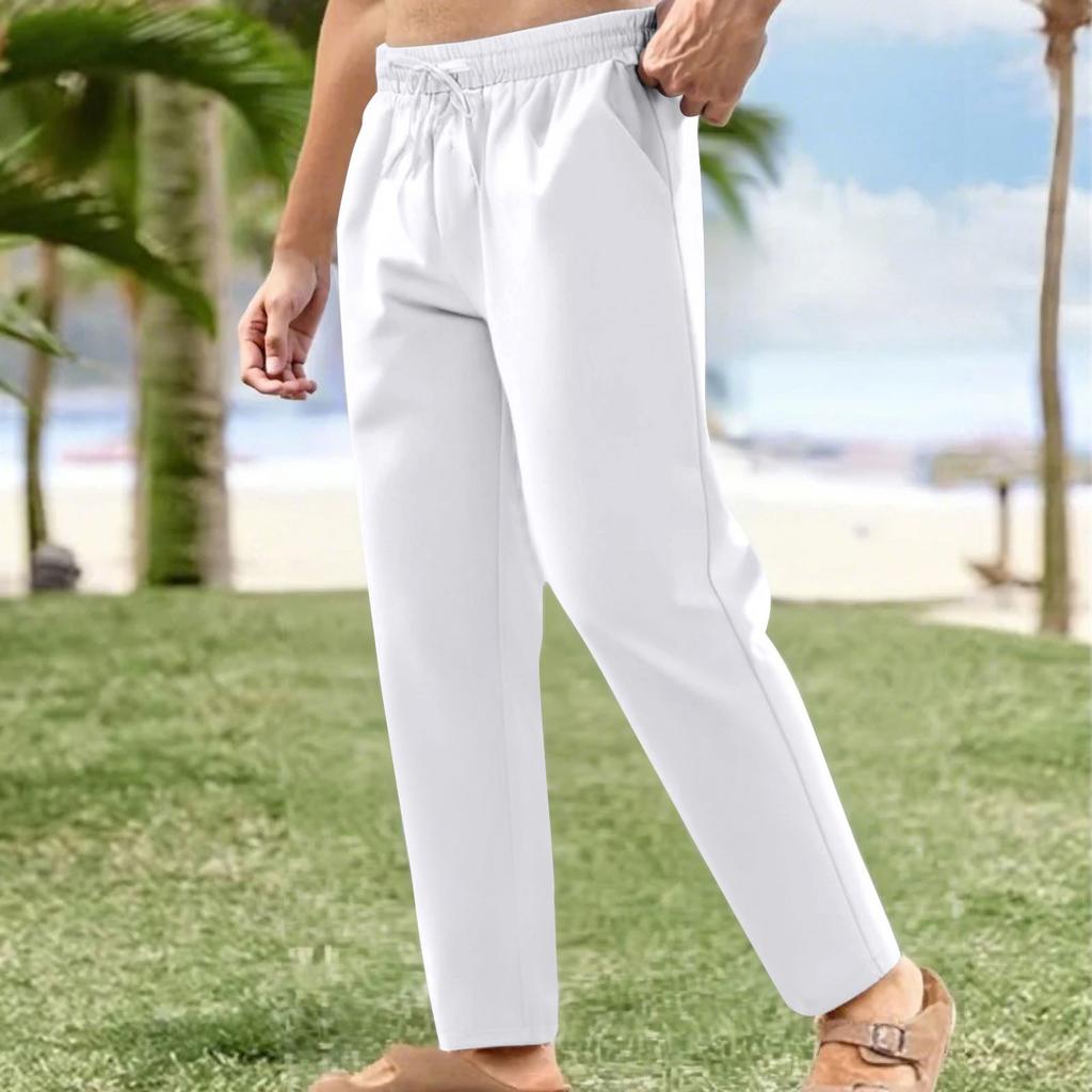 Льняные повседневные брюки мужские с эластичной талией и завязками на шнурке летние брюки для йоги и пляжа