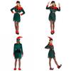 Women's Xmas Elf Cosplay Costume Soft Velvet Skirt With Bells Serrated Cuffs