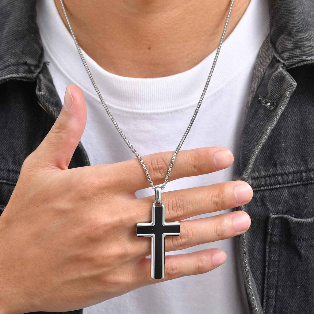 Vnox Stainless Steel Cross Pendant Necklace for Men Boys, Turquoise Black Onyx Tiger Eye Cross Box Chain Valentines Day Gifts
