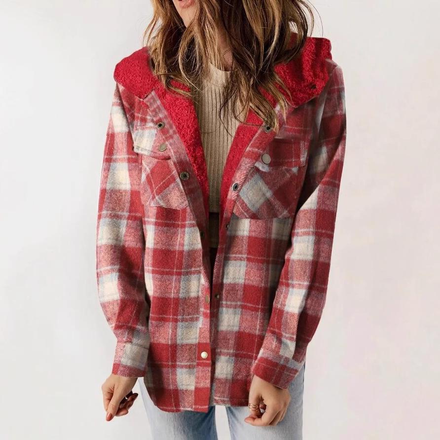 Women's Plaid Fashion Fleece Coats Winter Warm Hooded Fleece Jackets Casual Outwear Large Size Loose Comfortable Coat