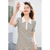 26 year new summer fashionable versatile polo collar horizontal striped knitted skirt, hip hugging skirt, mid length skirt, dress