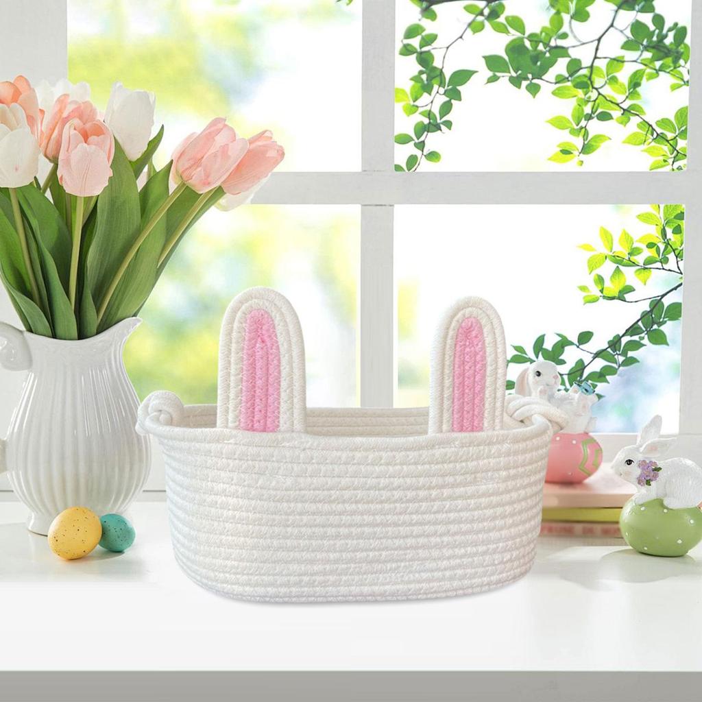 Cute Wicker Bunny Ears Easter Basket Empty Spacious Candy Gift Tote Bag for Child Egg Hunt Celebration