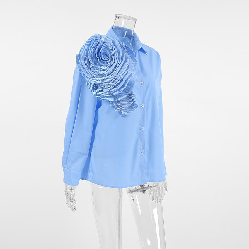 Russian fashion casual commuter shoulder sleeve design sense flower loose shirt European and American white women's shirt women