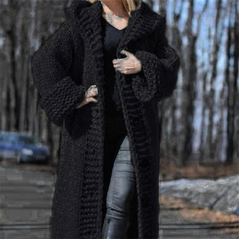 Women Knit Long Sleeve Warm Hooded Thick Cardigan Coat Winter Fashion Plus Size Knitted Sweater Ladies Long Coat Cloak Outwear